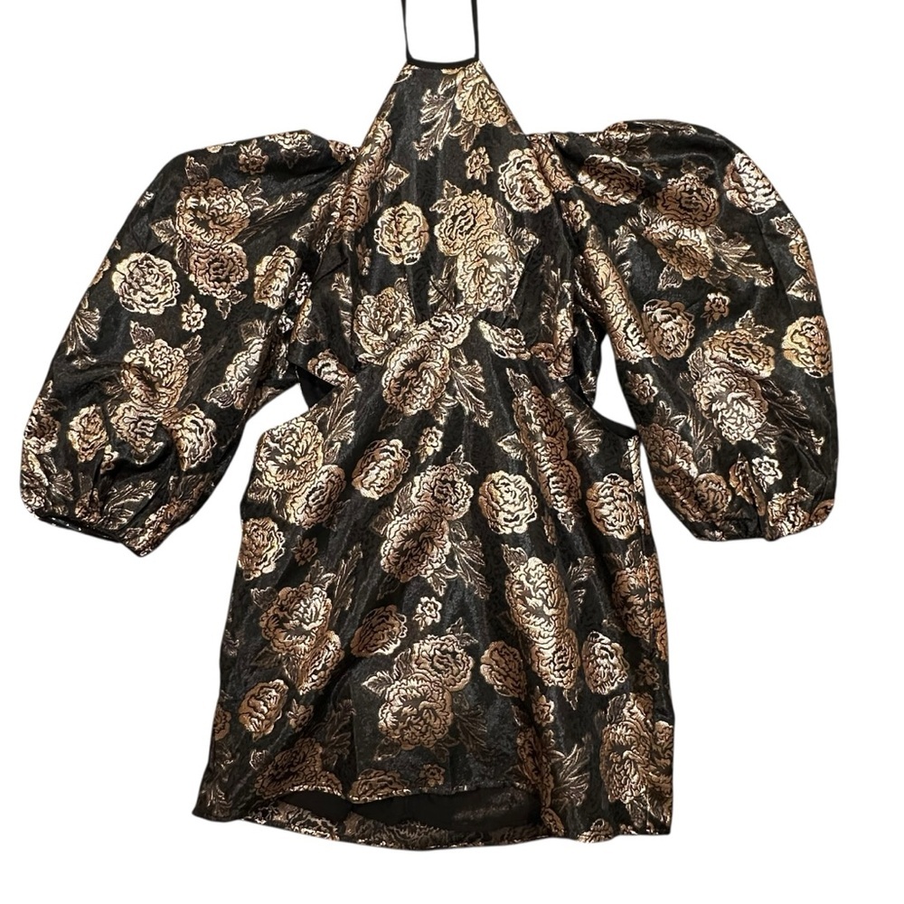 River Island Metallic Gold Black Rose Cut Out Mini Dress NWT Size 16 Baroque